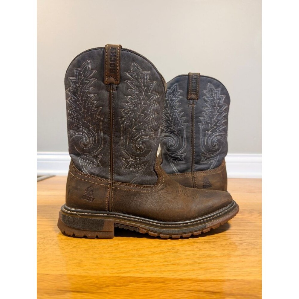 Rocky Kids 8" Western Boots Brown Denim Blue Square Toe US 5.5M RKW0255Y